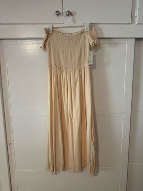 NWT Urban Outfitters Cream Off-Shoulder Smocked Maxi Dress